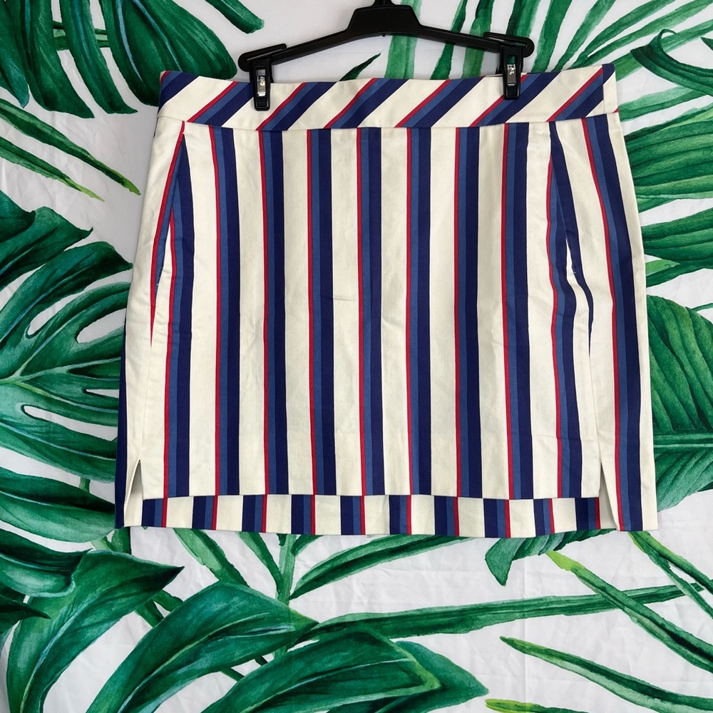 Brooks Brothers 14 Cream Blue Striped Preppy Khaki Spring Summer Casual Skirt